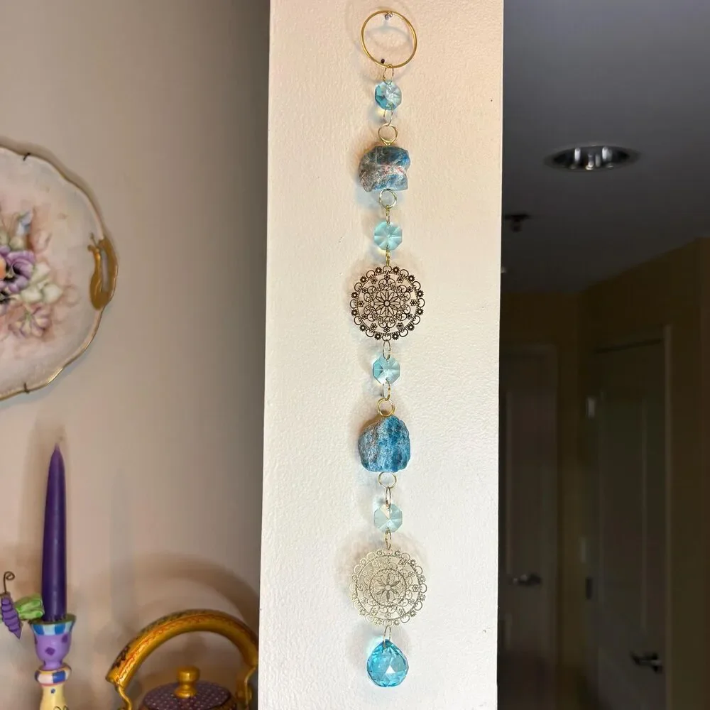 Raw Blue Apatite Hanging | Gold Mandala Filigree Charm | Blue Crystal Prism